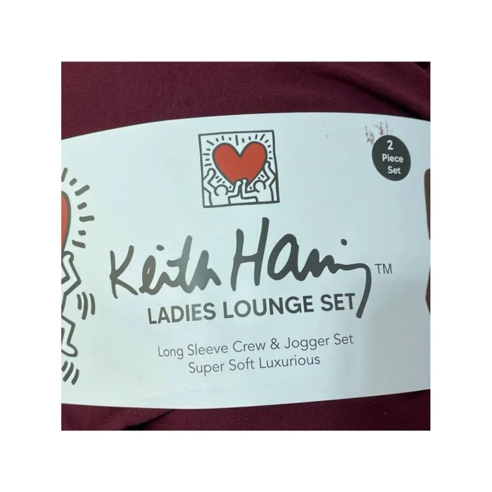 NWT Keith Haring Ladies' M Lounge Set Burgundy Soft Cotton Blend 2-Piece Set